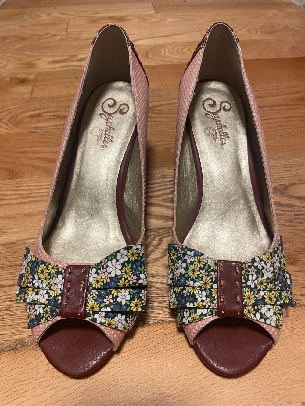 Seychelles Pink Floral Peep-Toe Bow Heels
